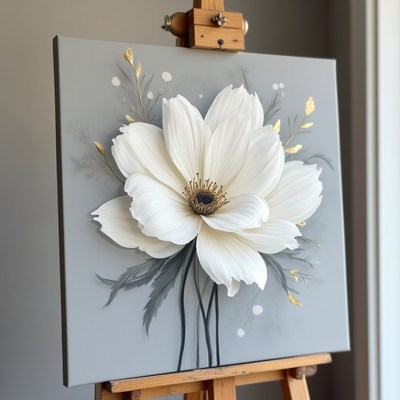 White Anemone Flower on Gray Canvas Easel