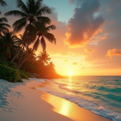 Tropical Beach Sunset with Palm Trees