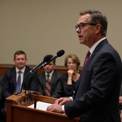Man speaking at courtroom podium