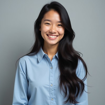 Asian woman smiling in blue shirt