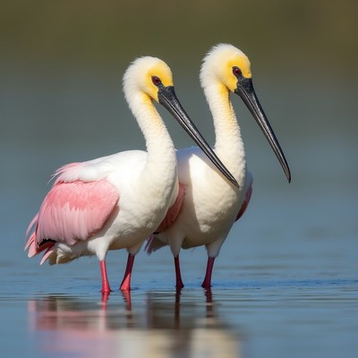 Pair of Roseate Spoonbills Standing in Water