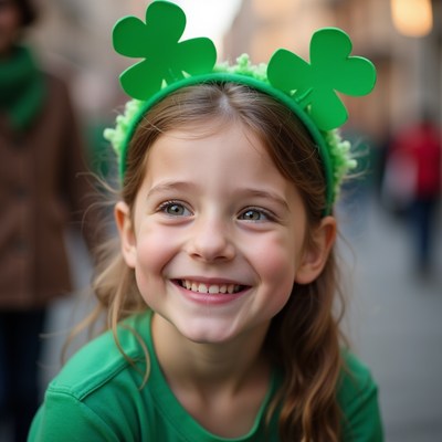 Girl wearing shamrock headband smiling
