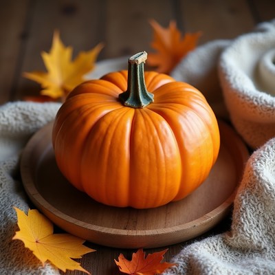 Orange Pumpkin with Autumn Leaves