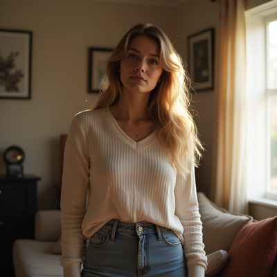 Blonde woman in white sweater and jeans