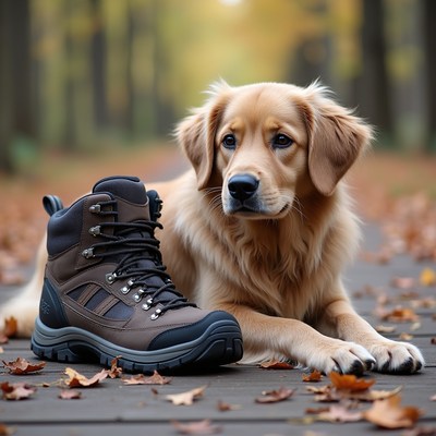 Golden Retriever with Hiking Boots