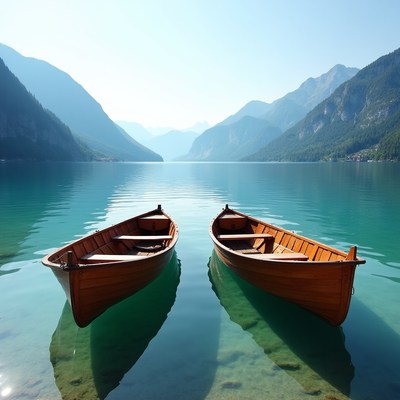 Two Wooden Rowboats on Turquoise Lake