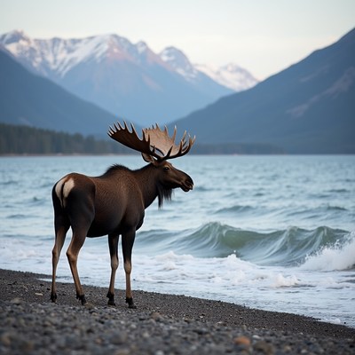 Moose standing by mountain lake