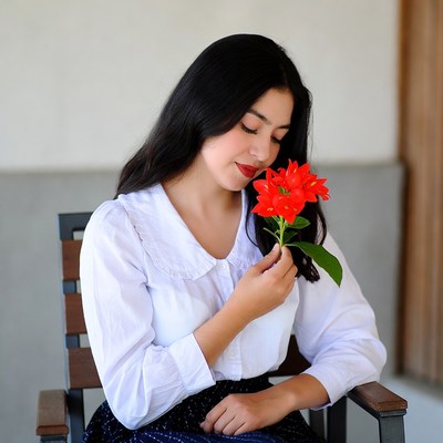Young woman smelling red flowers