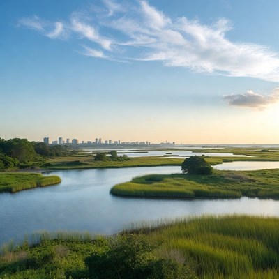 Marshland with City Skyline at Sunset
