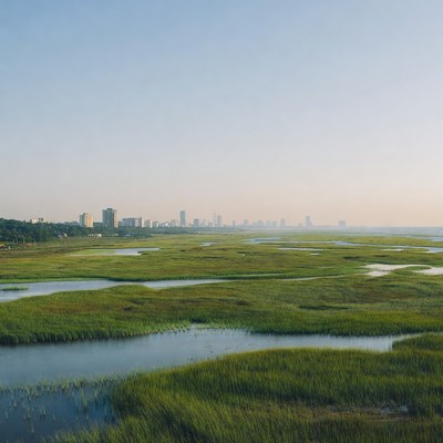 Marshland with City Skyline