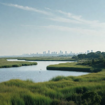 Marshland with Distant City Skyline
