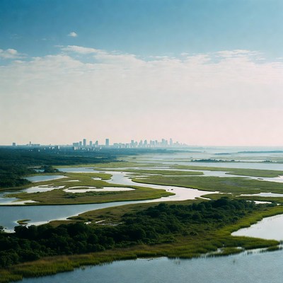 Aerial View of City Skyline over Marshes
