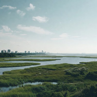 Marshland with Distant City Skyline