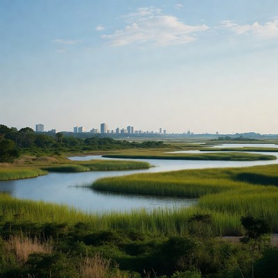 City Skyline over Marshland