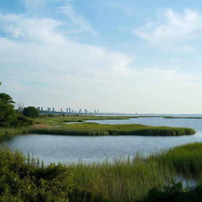 Marshland with city skyline horizon