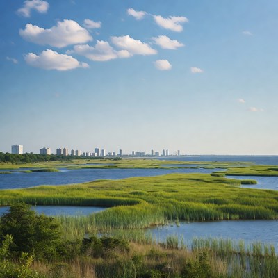 City skyline over marshland wetlands
