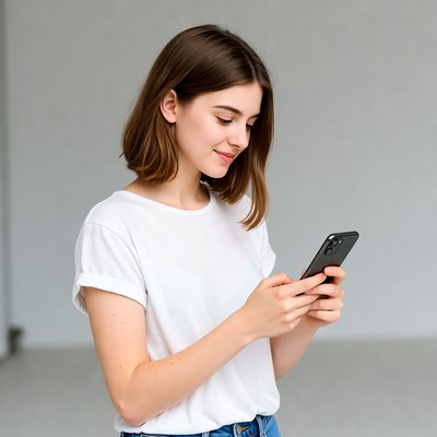 Woman using smartphone on white shirt