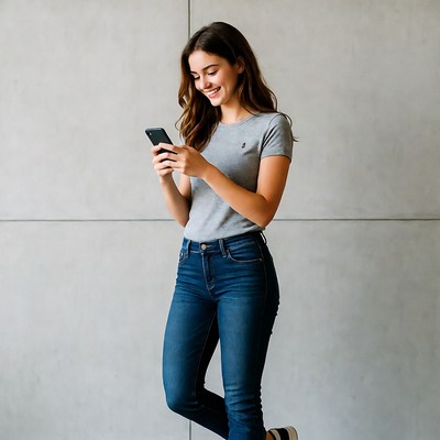 Smiling woman using smartphone