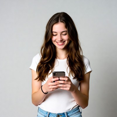 Young woman smiling at smartphone
