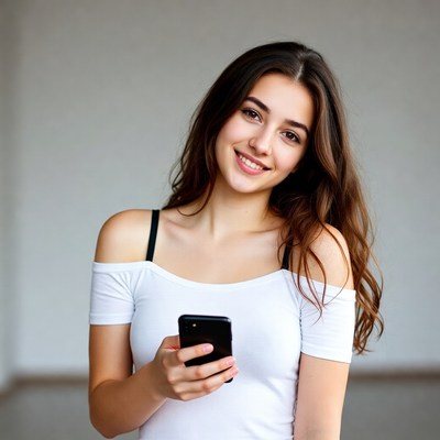 Smiling woman holding smartphone