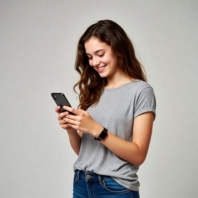 Young woman smiling at smartphone