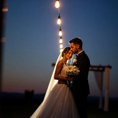 Bride and groom embracing under string lights