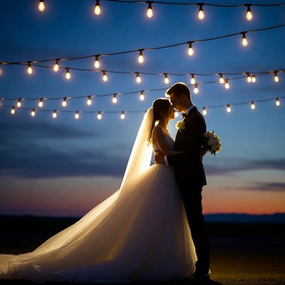 Bride and groom embracing under string lights