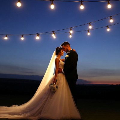 Bride and groom embracing under string lights