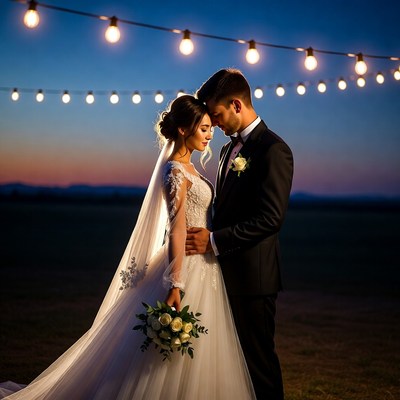 Bride and groom embracing under string lights
