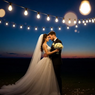 Bride and groom embracing under string lights
