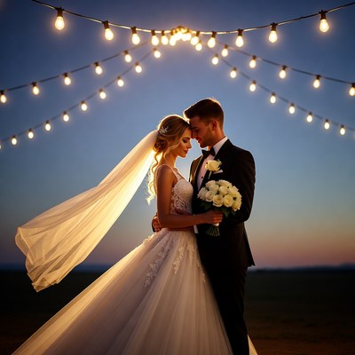 Bride and groom embracing under string lights
