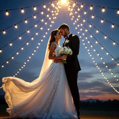 Bride and groom embracing under string lights