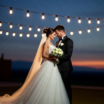 Bride and groom embracing at sunset