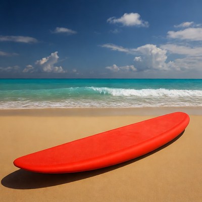 Red surfboard on sandy beach