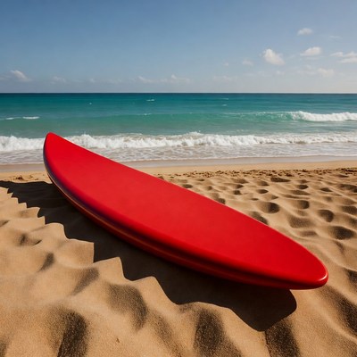 Red surfboard on sandy beach