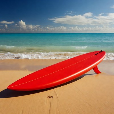 Red surfboard on sandy beach