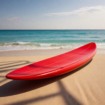 Red surfboard on sandy beach