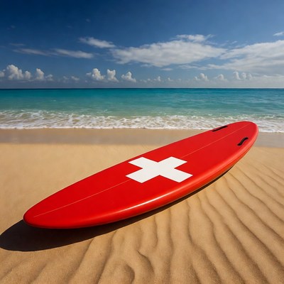 Red Lifeguard Surfboard on Beach