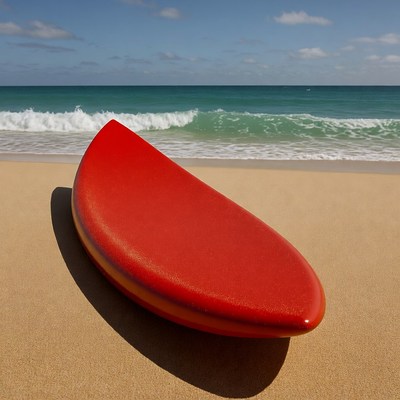 Red surfboard on sandy beach
