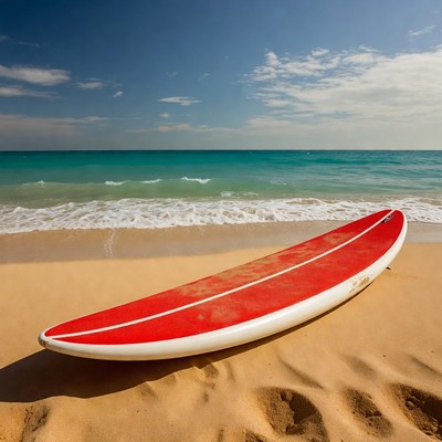 Red Surfboard on Sandy Beach