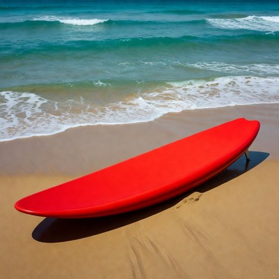 Red surfboard on sandy beach