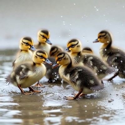 Ducklings splashing in shallow water