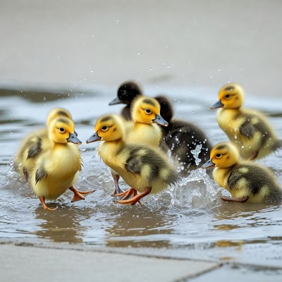 Ducklings splashing in shallow water