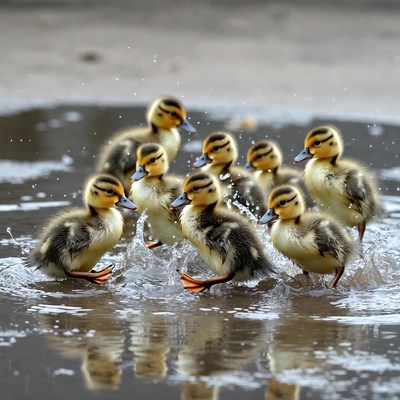Ducklings splashing in puddle