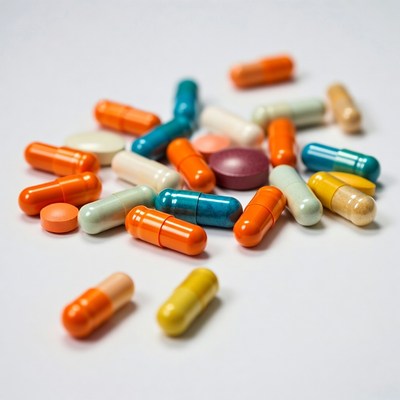 Colorful pills scattered on white background