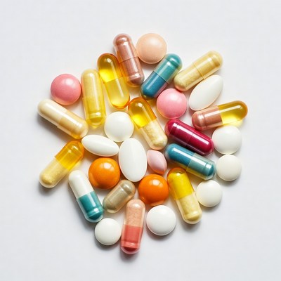 Colorful pills scattered on white background