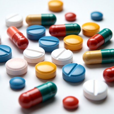 Colorful pills scattered on white background