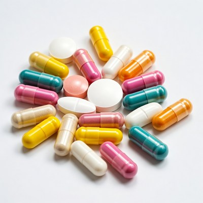 Colorful pills scattered on white background