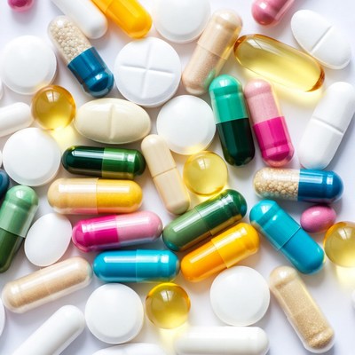 Colorful pills scattered on white background