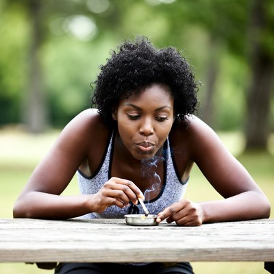 African woman smoking cigarette outdoors